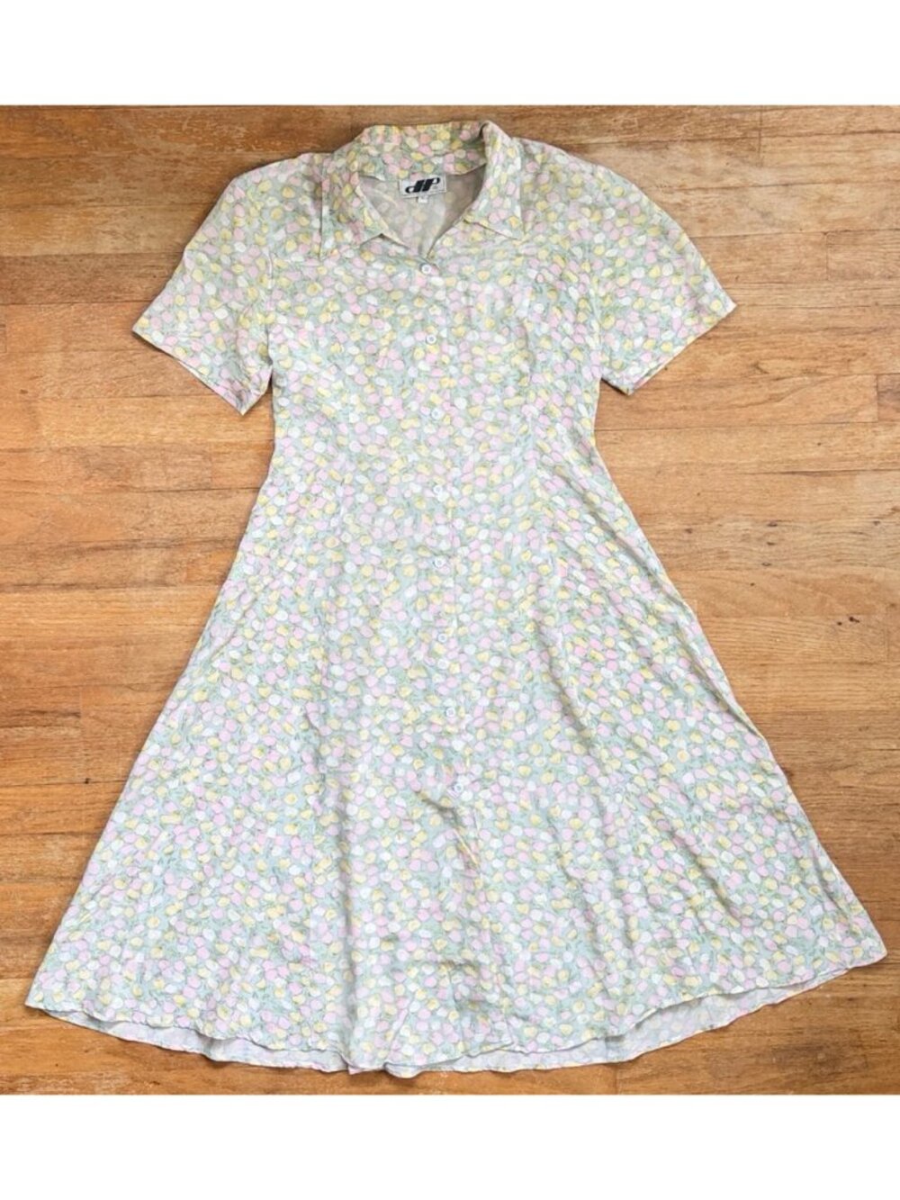 Vintage Tulip Print Silk Shirt Dress Size Medium Floral Cottagecore Sundress